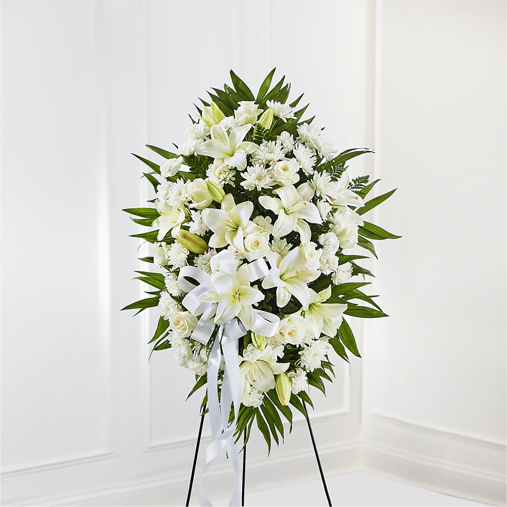 Exquisite Tribute Standing Spray-White Ribbon – The Rusty Willow, Grove OK